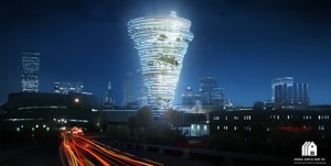 A night view of the proposed Tulsa Tornado Tower. Image courtesy of Kinslow, Keith & Todd, Inc.